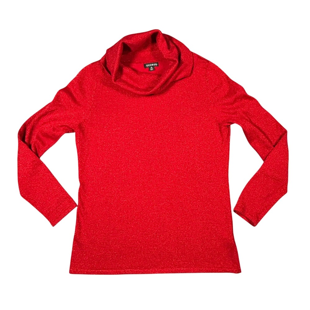 George Womens Red Metallic Shimmer Cowl Neck Long‎ Sleeve Sweater Size M 8-10